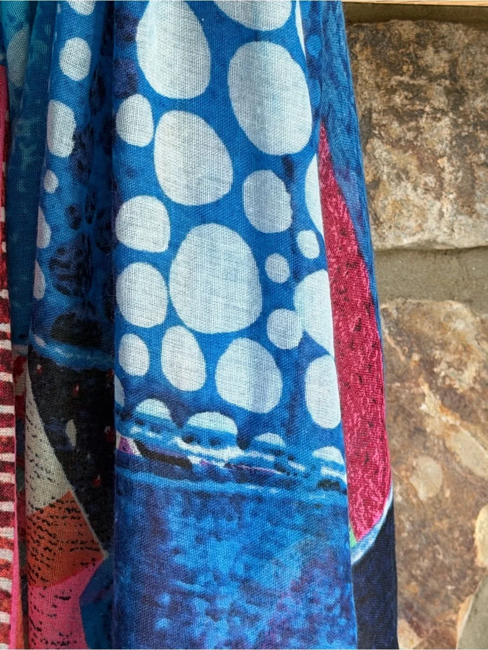 Desigual Blue Patchwork Tassel Scarf | Lightweight Colorful Wrap Shawl